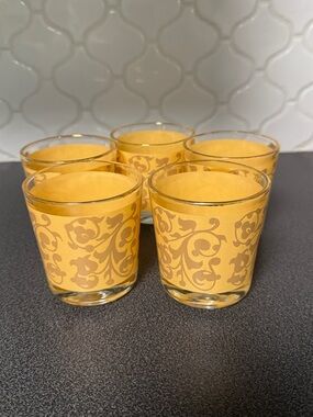 Set of 5 vintage peach scroll swirl low ball glasses